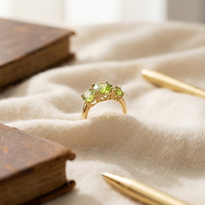 Peridot Oval Three Stone Ring in 14K Yellow Gold - flat lay