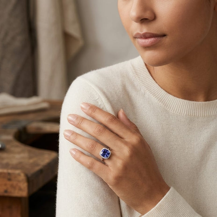 Diamond Cushion Halo Ring with 8mm Peridot in 14K Yellow Gold - lifestyle