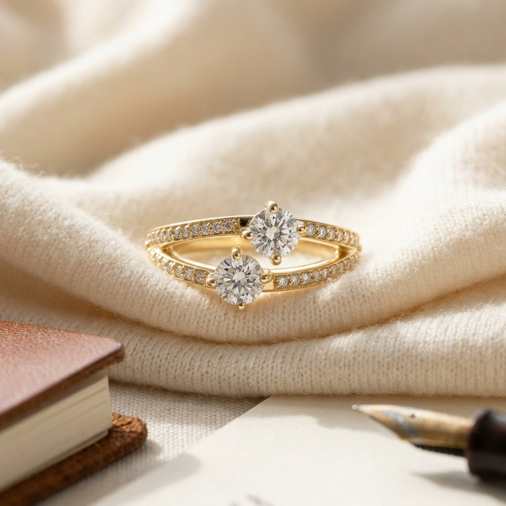 Diamond Two Stone Split Shank Ring 1.0 Ctw in 14K Yellow Gold - flat lay