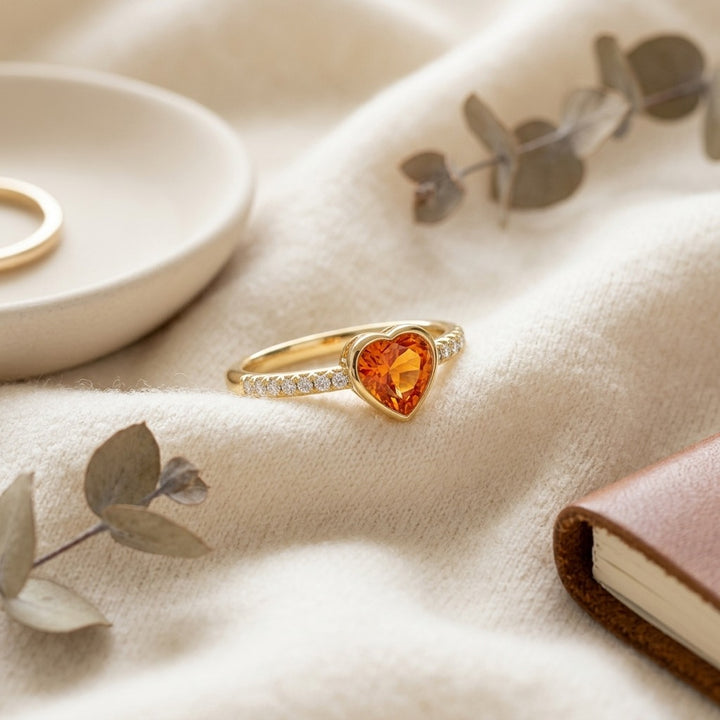 Yellow Sapphire & Diamond Heart Ring in 14K Yellow Gold - flat lay