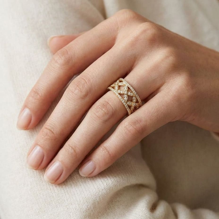 Diamond Pavé Ring in 14K Yellow Gold, worn on hand, close-up