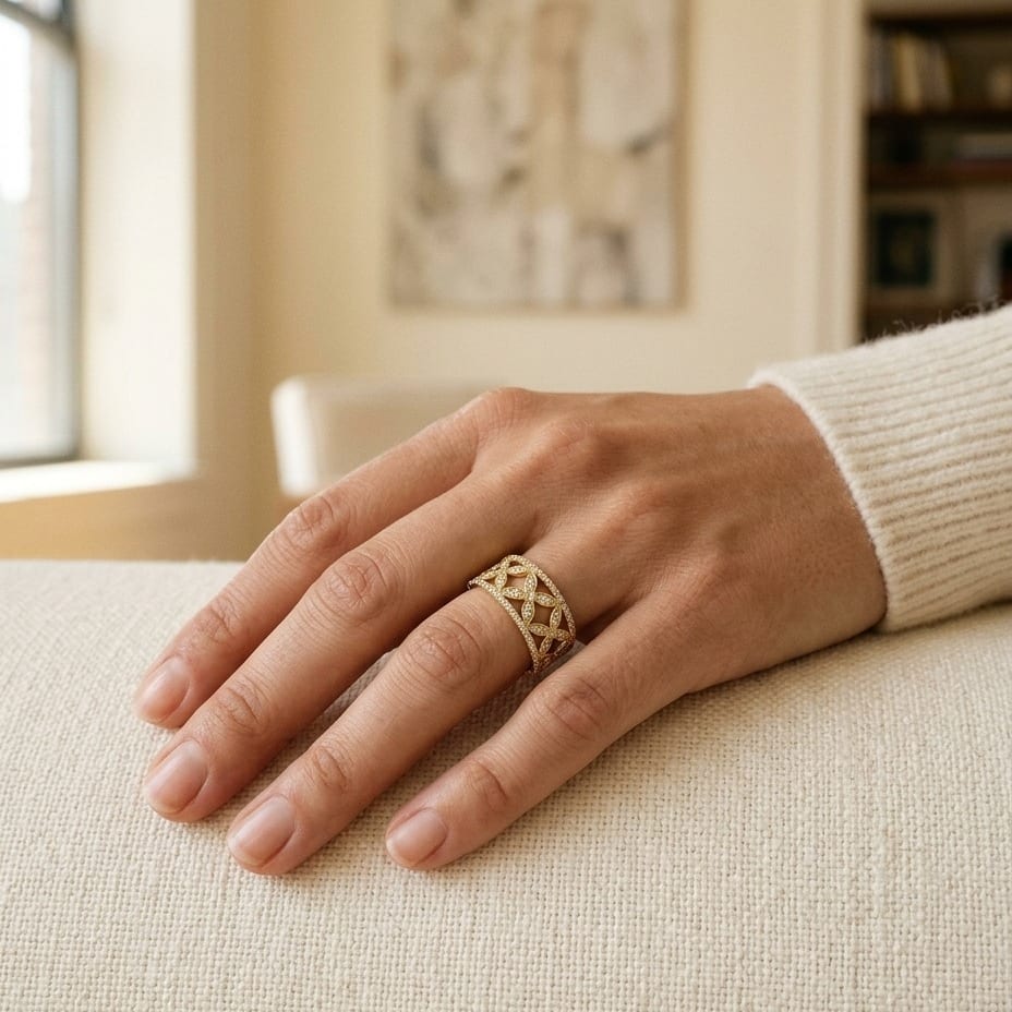 Diamond Pave Diamond Leaves Pattern Band in 14K Yellow Gold - lifestyle