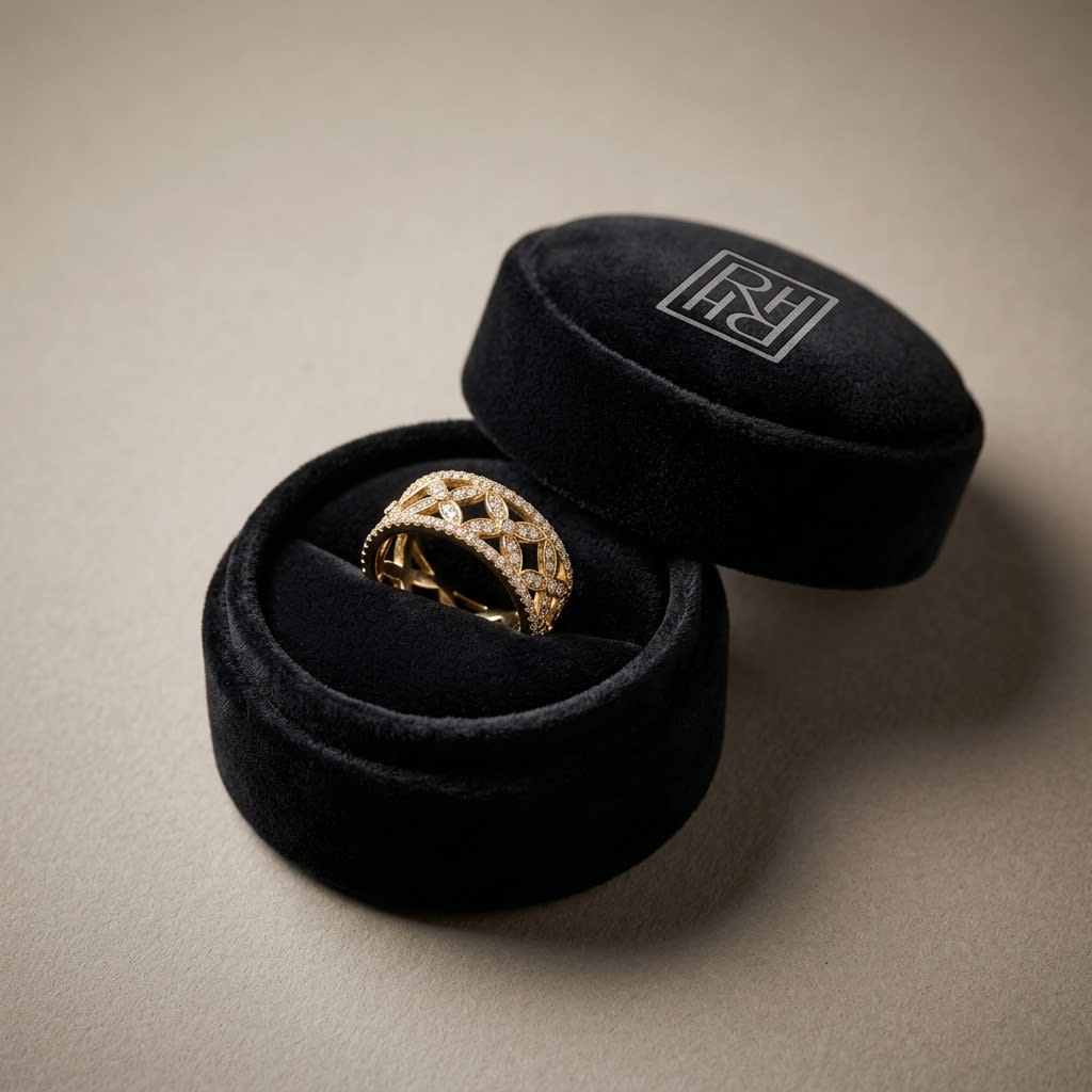 Diamond Pavé Ring in 14K Yellow Gold, in navy velvet jewelry box