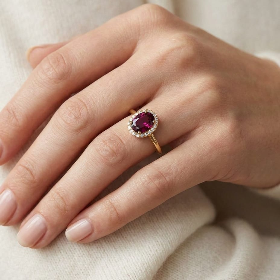 Rhodolite Garnet and Diamond Oval Halo Ring in 14k Yellow Gold 0.14ctw, worn on hand, close-up