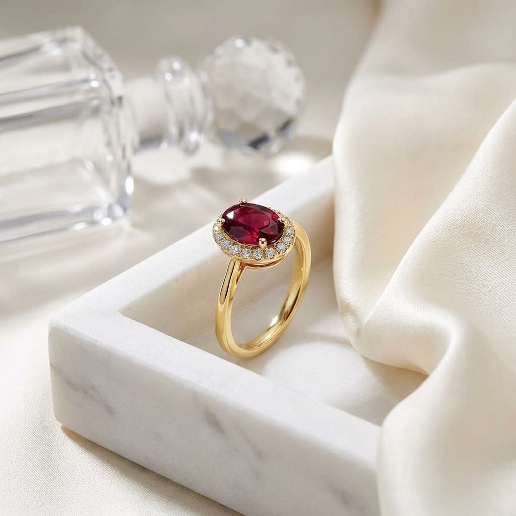 Rhodolite Garnet and Diamond Oval Halo Ring in 14k Yellow Gold 0.14ctw, on marble vanity tray with silk