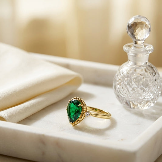 Created Emerald & Diamond 1/16ctw Ring Set in 14K Yellow Gold - editorial