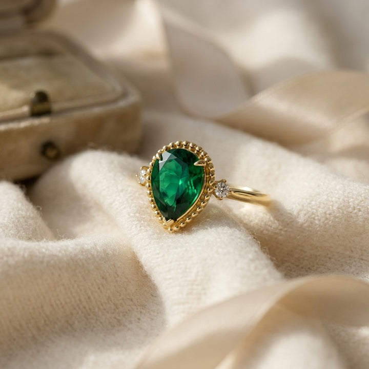 Created Emerald & Diamond 1/16ctw Ring Set in 14K Yellow Gold - flat lay