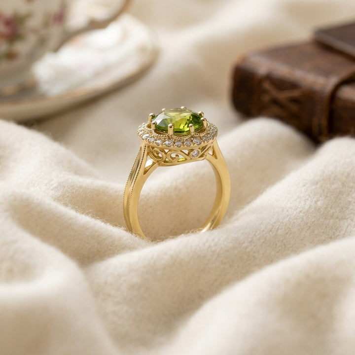 Diamond 1/6ctw & Peridot Ring Set in 14K Yellow Gold - flat lay