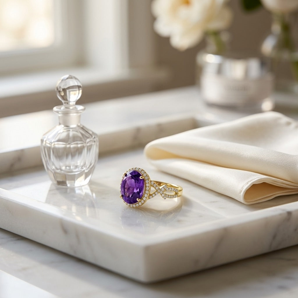 Amethyst & Diamond Oval Halo Ring 1/4ctw in 14K Yellow Gold - editorial