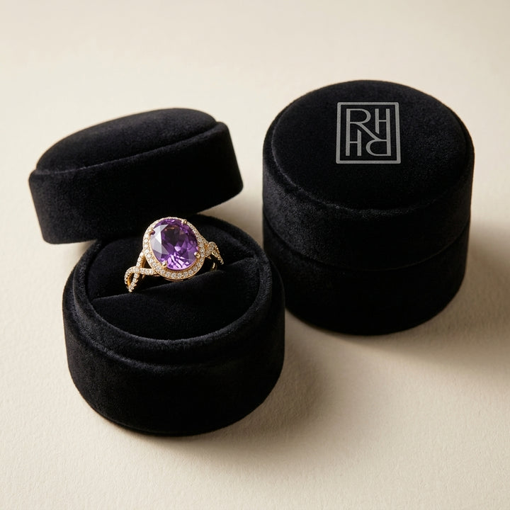 Amethyst & Diamond Oval Halo Ring 1/4ctw in 14K Yellow Gold - presentation