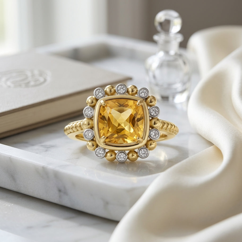 2.19ct Cushion Cut Citrine & Diamond Ring in 14K Yellow Gold - editorial