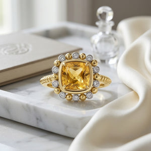 2.19ct Cushion Cut Citrine & Diamond Ring in 14K Yellow Gold - editorial