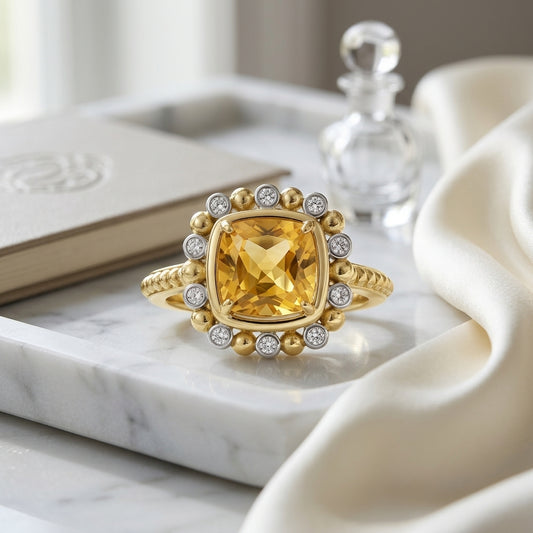 2.19ct Cushion Cut Citrine & Diamond Ring in 14K Yellow Gold - editorial