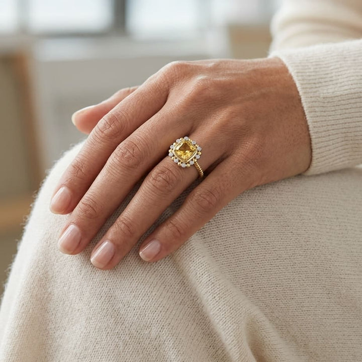 2.19ct Cushion Cut Citrine & Diamond Ring in 14K Yellow Gold - lifestyle