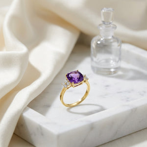 Cushion Cut Amethyst with Diamond Ring in 14K Yellow Gold - lifestyle