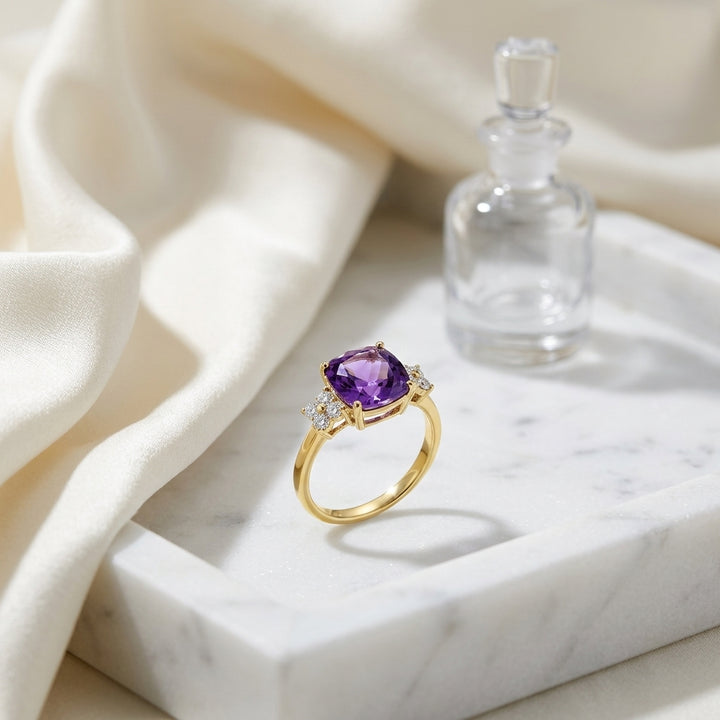 Cushion Cut Amethyst with Diamond Ring in 14K Yellow Gold - lifestyle