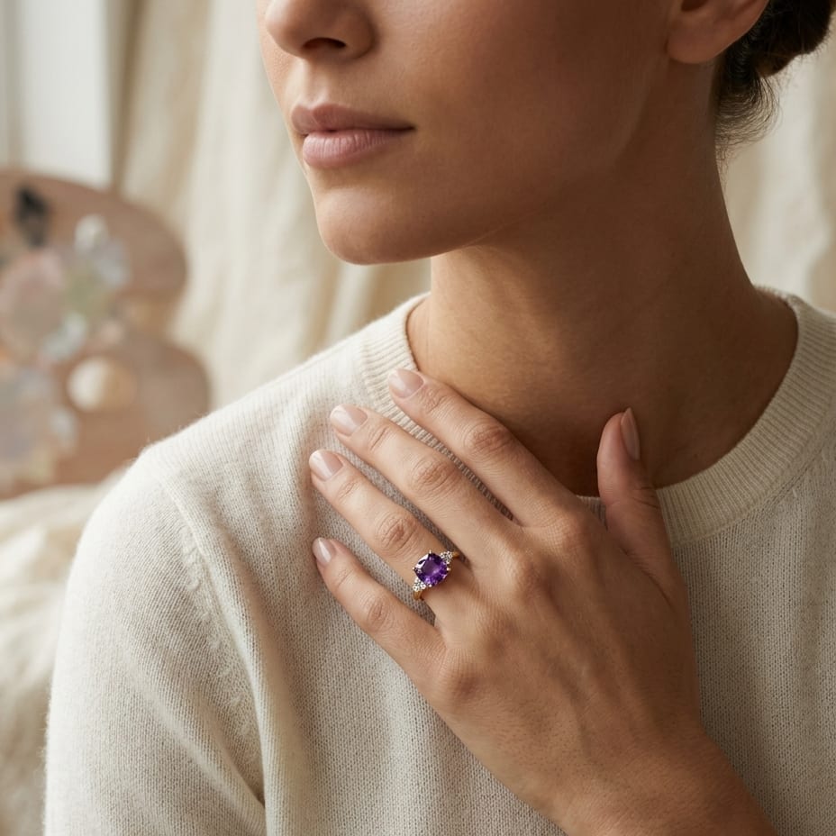 Cushion Cut Amethyst with Diamond Ring in 14K Yellow Gold - editorial