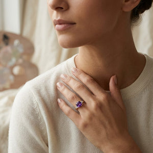 Cushion Cut Amethyst with Diamond Ring in 14K Yellow Gold - editorial