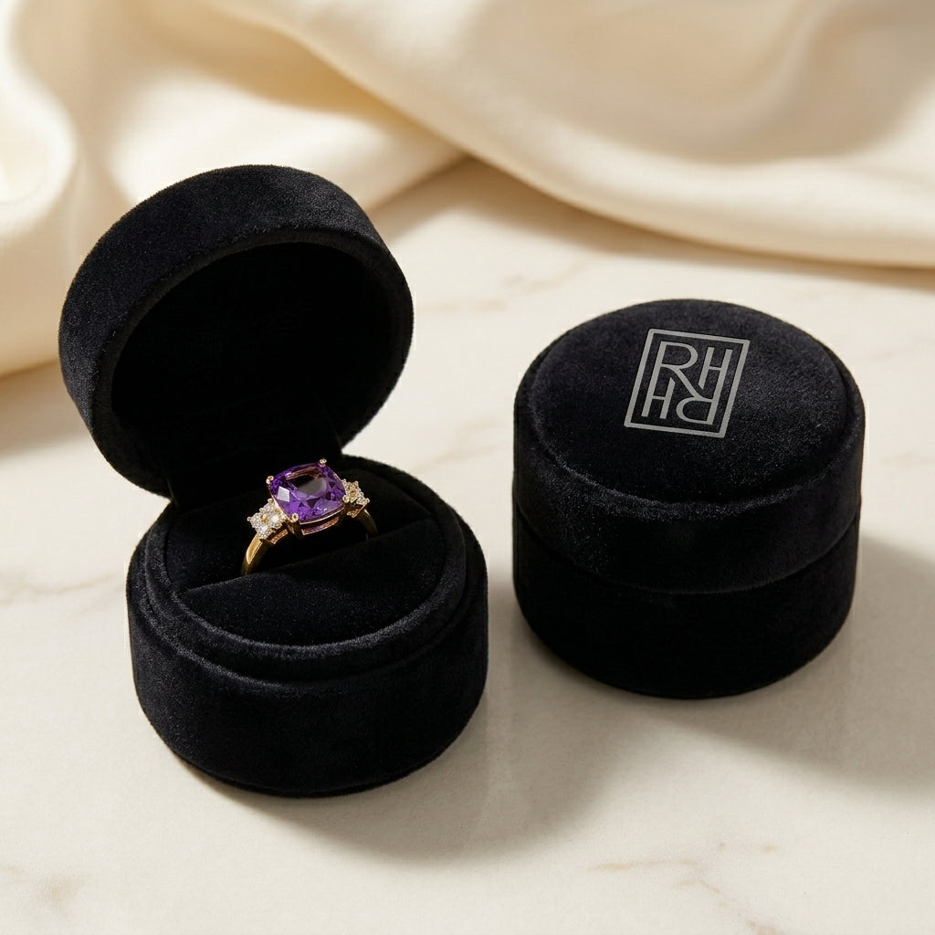 Cushion Cut Amethyst with Diamond Ring in 14K Yellow Gold - presentation