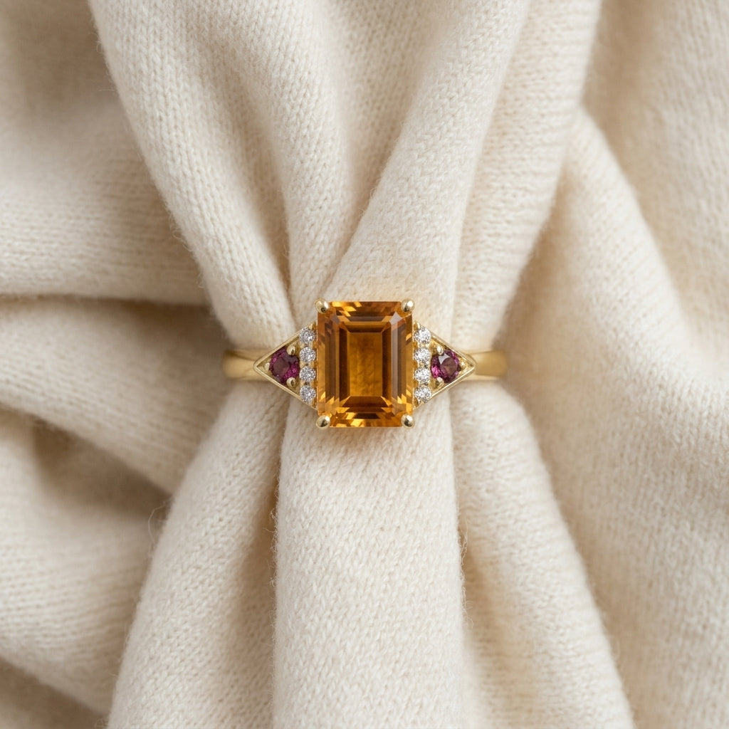Citrine Rhodolite Garnet & Diamond Ring in 14K Yellow Gold - flat lay