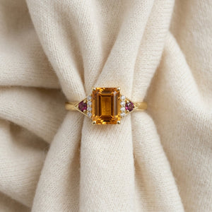 Citrine Rhodolite Garnet & Diamond Ring in 14K Yellow Gold - flat lay