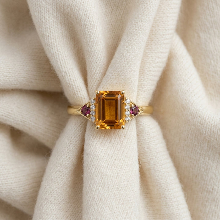Citrine Rhodolite Garnet & Diamond Ring in 14K Yellow Gold - flat lay