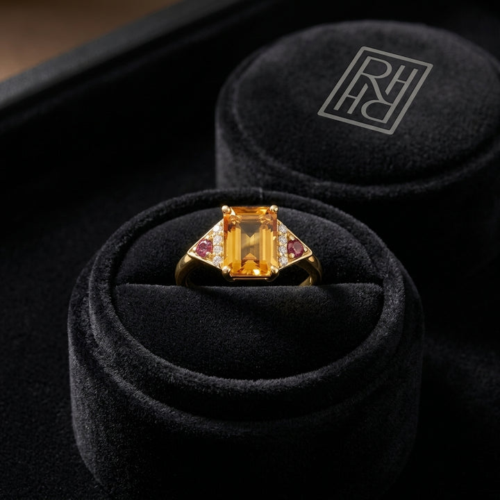 Citrine Rhodolite Garnet & Diamond Ring in 14K Yellow Gold - presentation