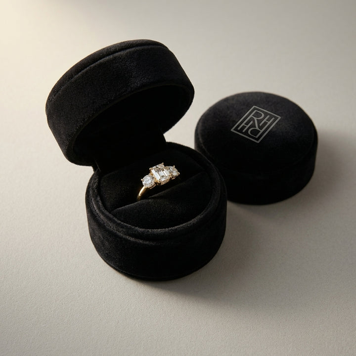 Round & Emerald Cut Diamond Ring in 14K Yellow Gold - presentation