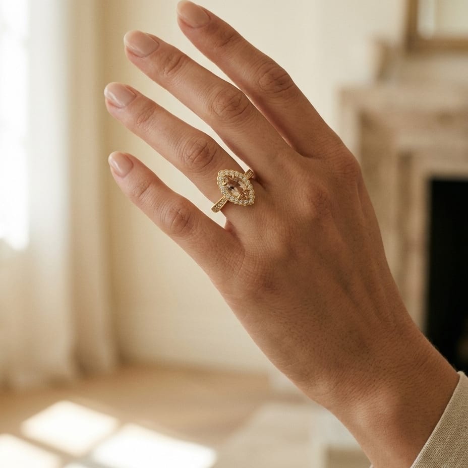 Morganite Marquise Halo Ring 1/4ctw in 14K Yellow Gold - editorial