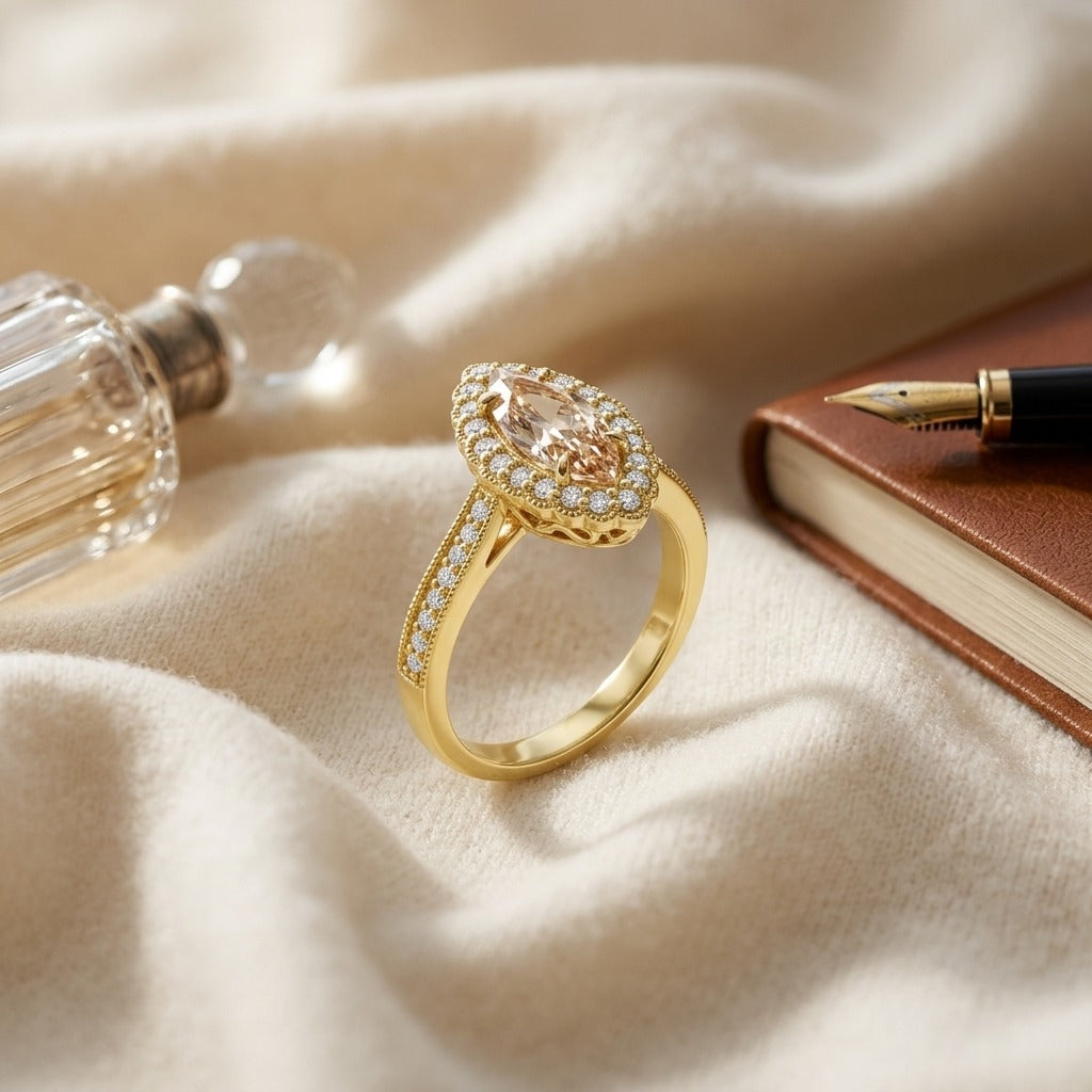 Morganite Marquise Halo Ring 1/4ctw in 14K Yellow Gold - flat lay