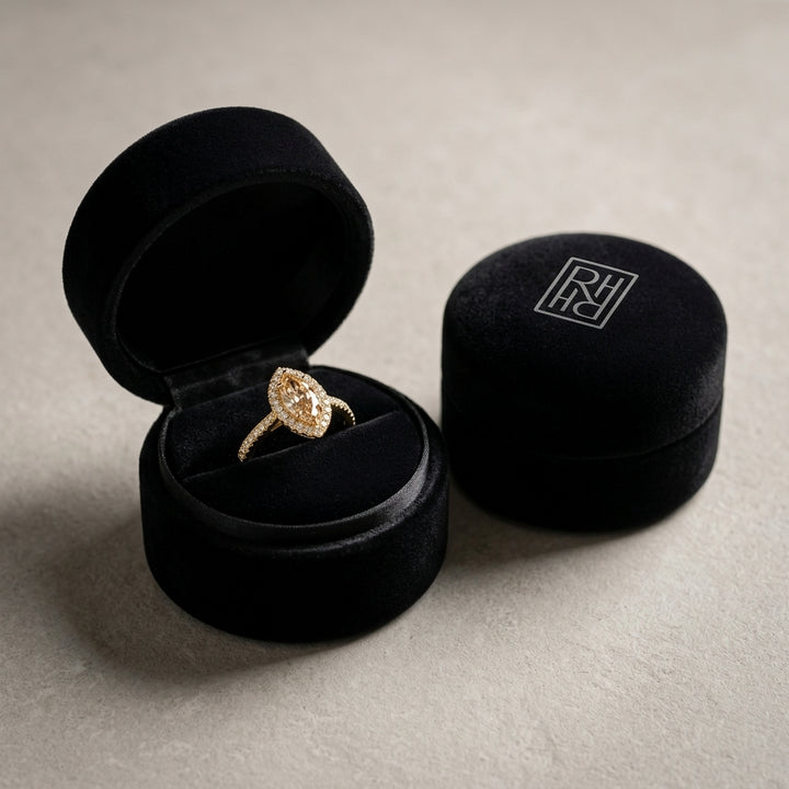Morganite Marquise Halo Ring 1/4ctw in 14K Yellow Gold - presentation