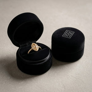 Morganite Marquise Halo Ring 14k Yellow Gold 0.24ctw, in navy velvet jewelry box