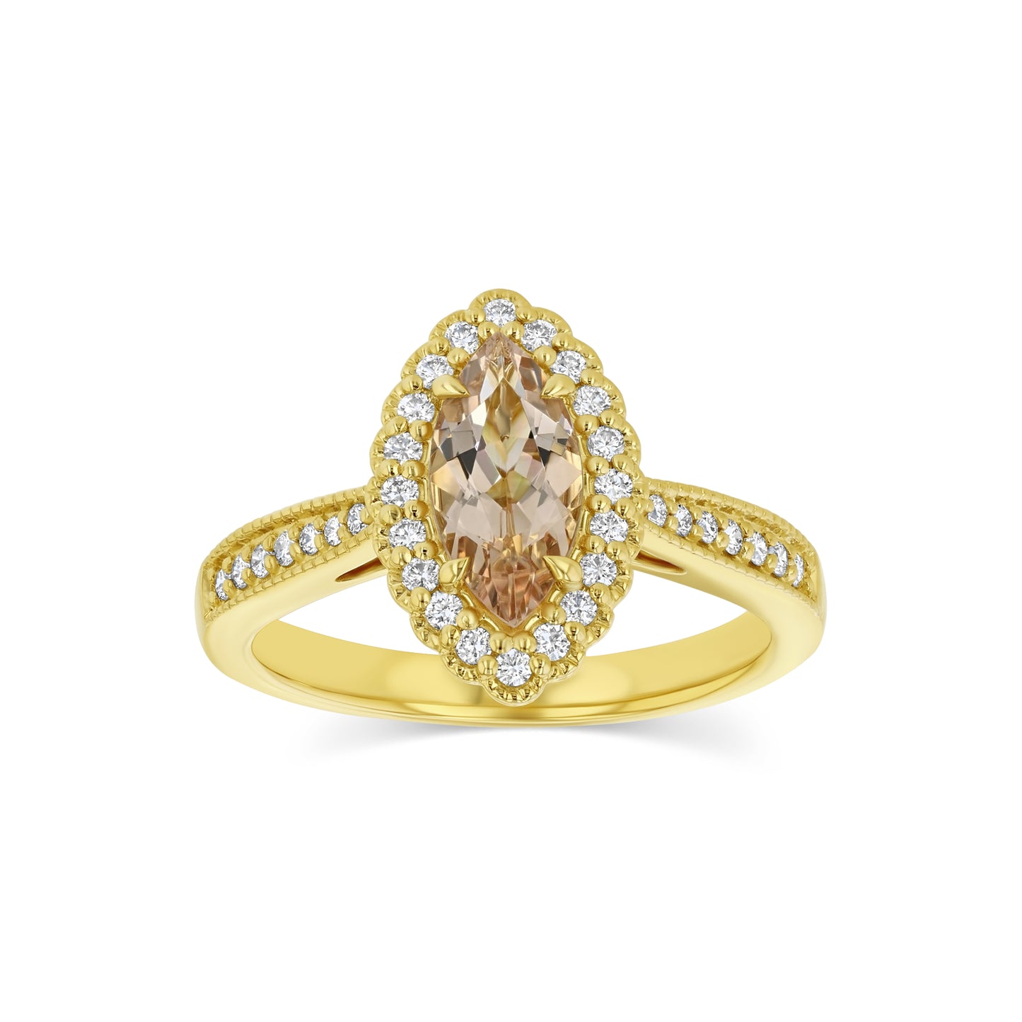 Morganite Marquise Halo Ring 14k Yellow Gold 0.24ctw