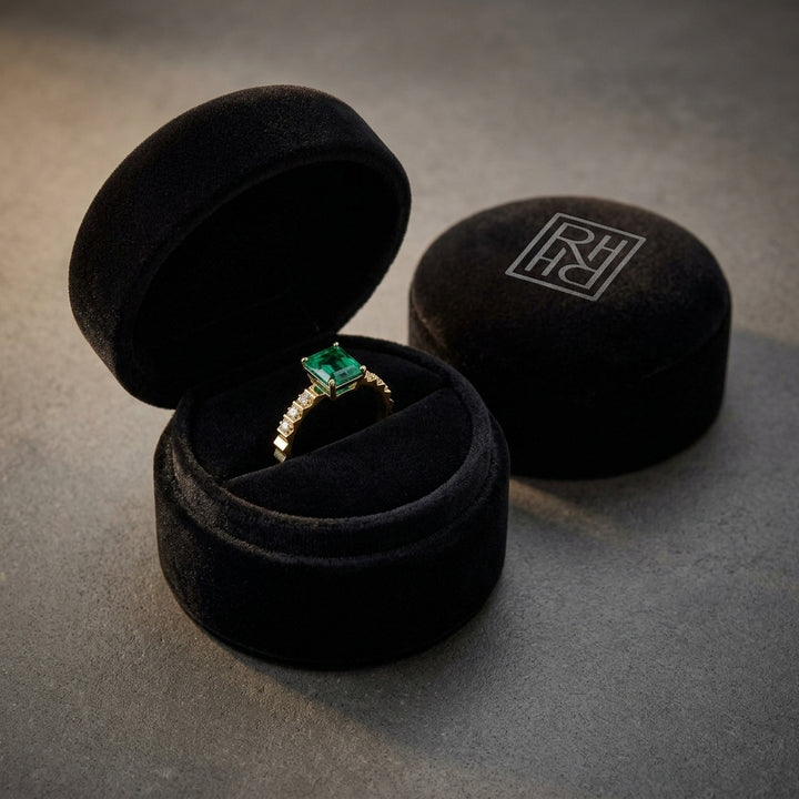 Emerald Octagon Corrugated Ring 1/8ctw in 14K Yellow Gold - RockHer presentation