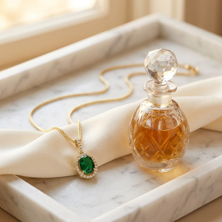 Emerald & Diamond Oval Halo Pendant with Pave Bail in 14K Yellow Gold - lifestyle