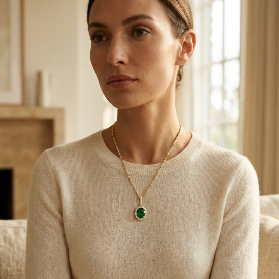 Emerald & Diamond Oval Halo Pendant with Pave Bail in 14K Yellow Gold - editorial