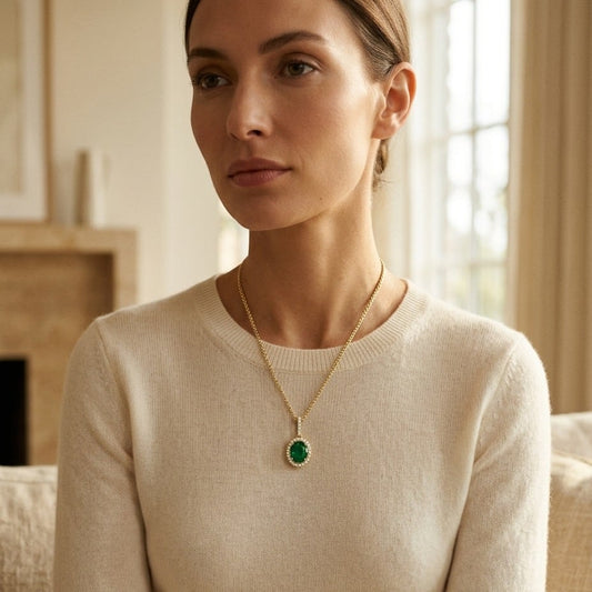 Emerald & Diamond Oval Halo Pendant with Pave Bail in 14K Yellow Gold - editorial