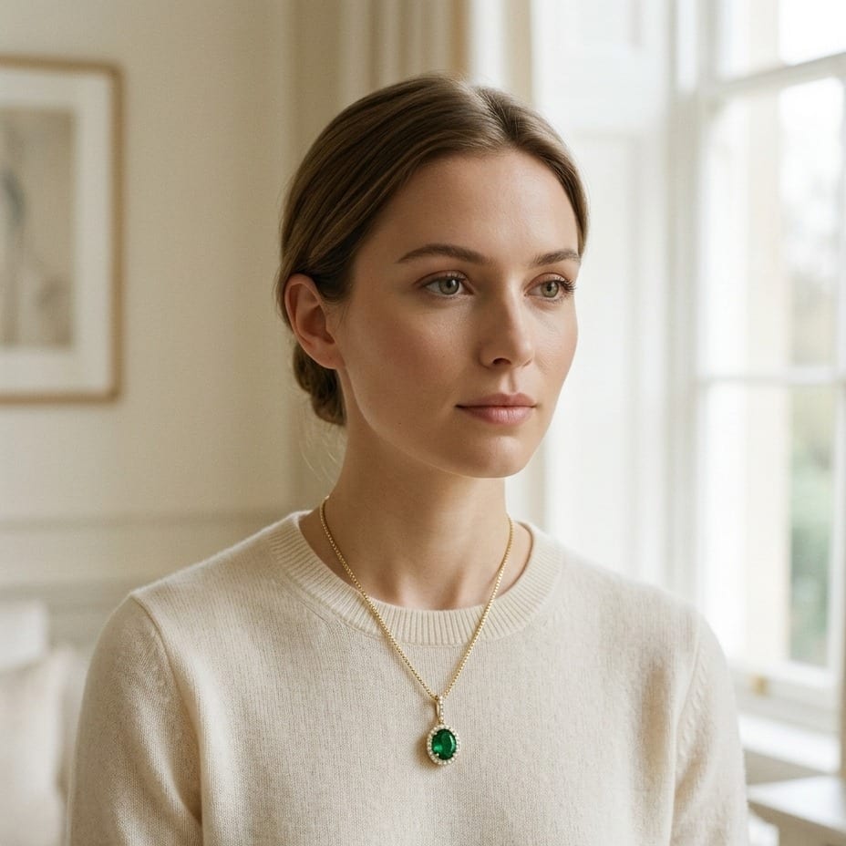 Emerald & Diamond Oval Halo Pendant with Pave Bail in 14K Yellow Gold - on model