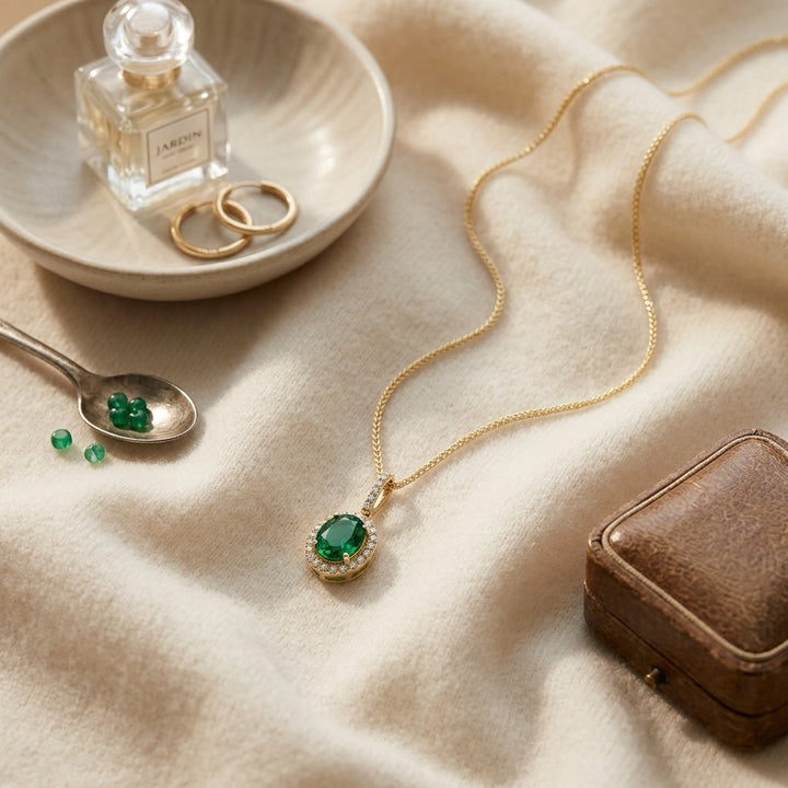 Emerald & Diamond Oval Halo Pendant with Pave Bail in 14K Yellow Gold - flat lay