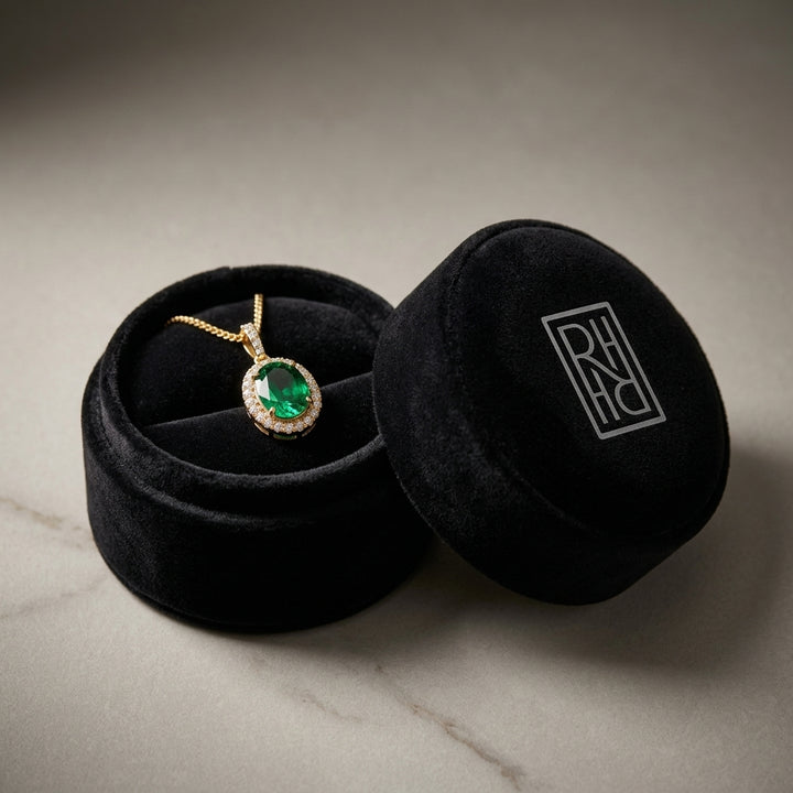 Emerald & Diamond Oval Halo Pendant with Pave Bail in 14K Yellow Gold - presentation