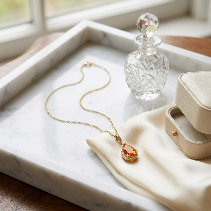Citrine Pear & Diamond Halo Pendant in 14K Yellow Gold - lifestyle