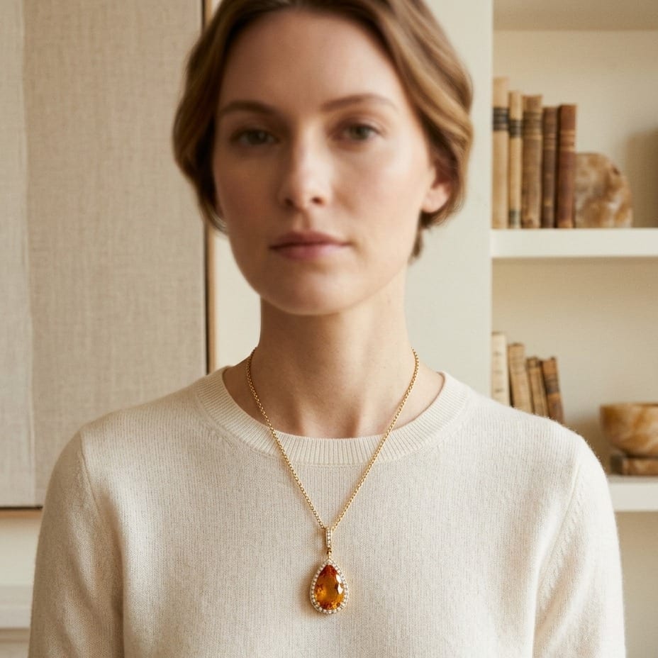 Citrine Pear & Diamond Halo Pendant in 14K Yellow Gold - editorial