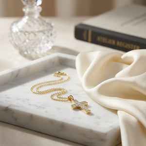 Diamond Channel Cross Pendant 16-18in Adj Cable Chain in 14K Yellow Gold - editorial
