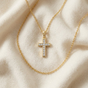 Diamond Channel Cross Pendant 16-18in Adj Cable Chain in 14K Yellow Gold - flat lay