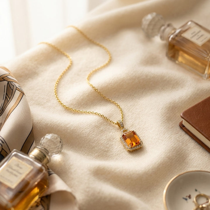 Citrine & Diamond Pendant 17 in Rolo Chain in 14K Yellow Gold - flat lay