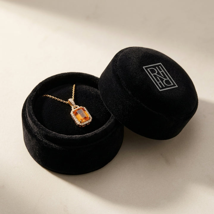 Citrine & Diamond Pendant 17 in Rolo Chain in 14K Yellow Gold - presentation