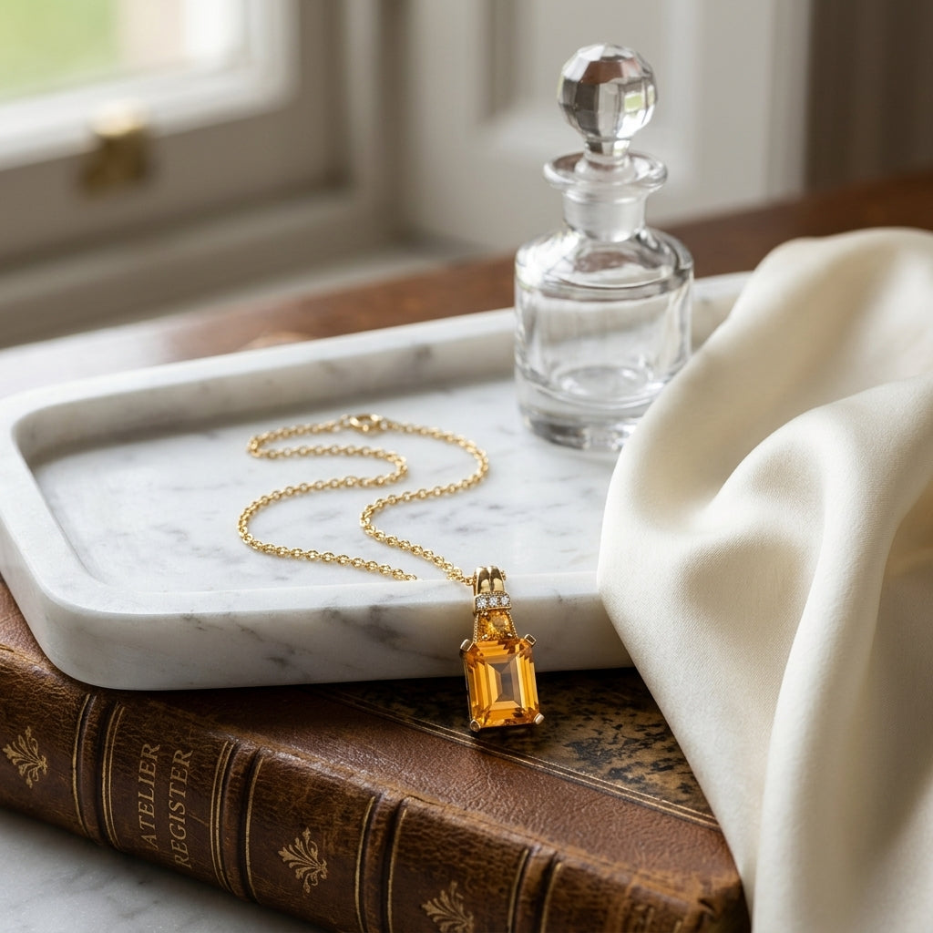 Citrine & Diamond Emerald Cut Pendant in 14K Yellow Gold - editorial