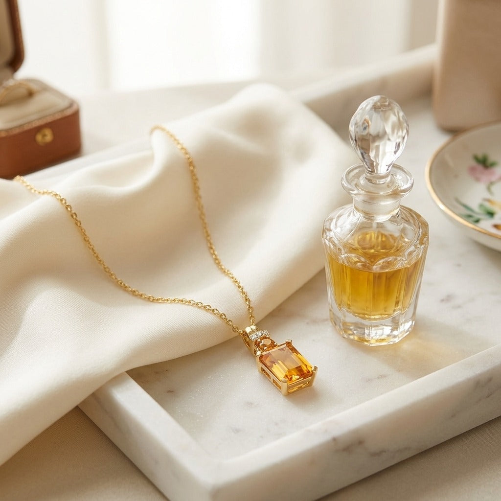 Citrine & Diamond Emerald Cut Pendant in 14K Yellow Gold - editorial