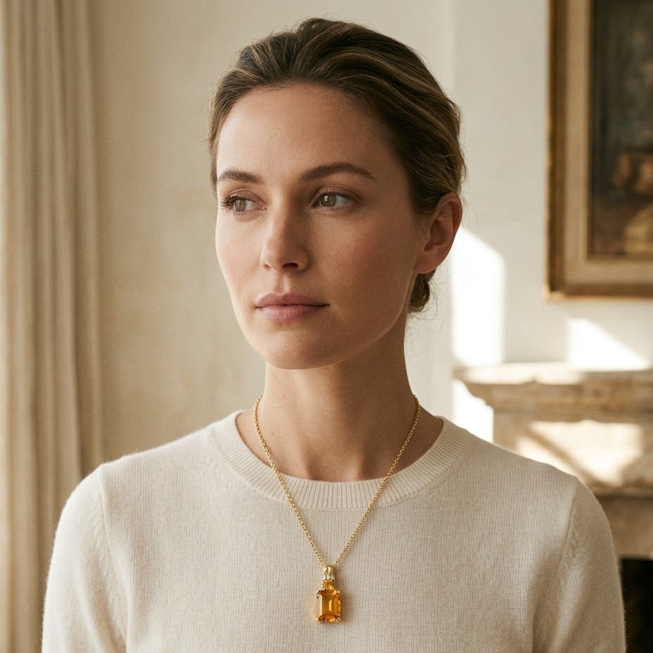 Citrine & Diamond Emerald Cut Pendant in 14K Yellow Gold - lifestyle