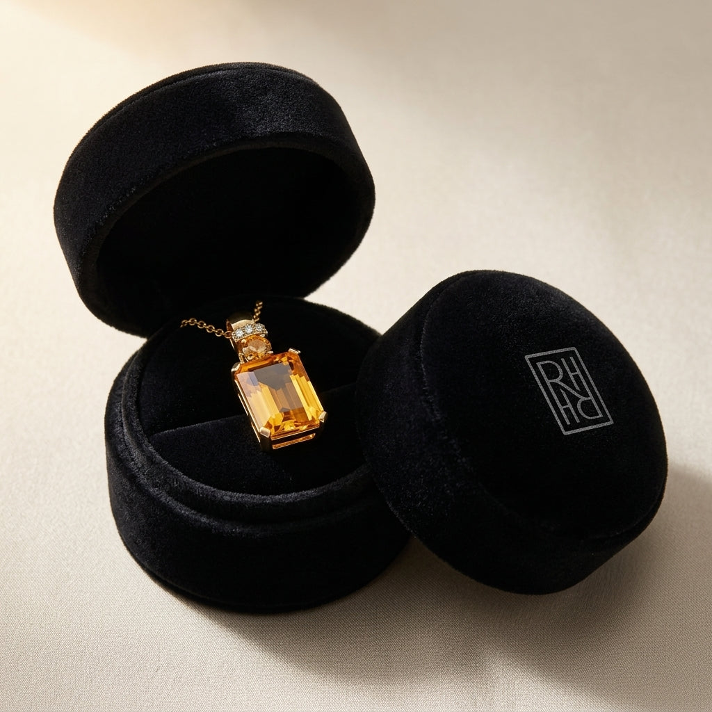 Citrine & Diamond Emerald Cut Pendant in 14K Yellow Gold - presentation